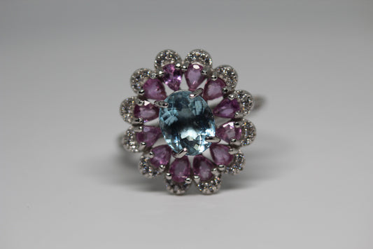 Aquamarine & Pink Sapphire Halo Ring in 925 Sterling Silver