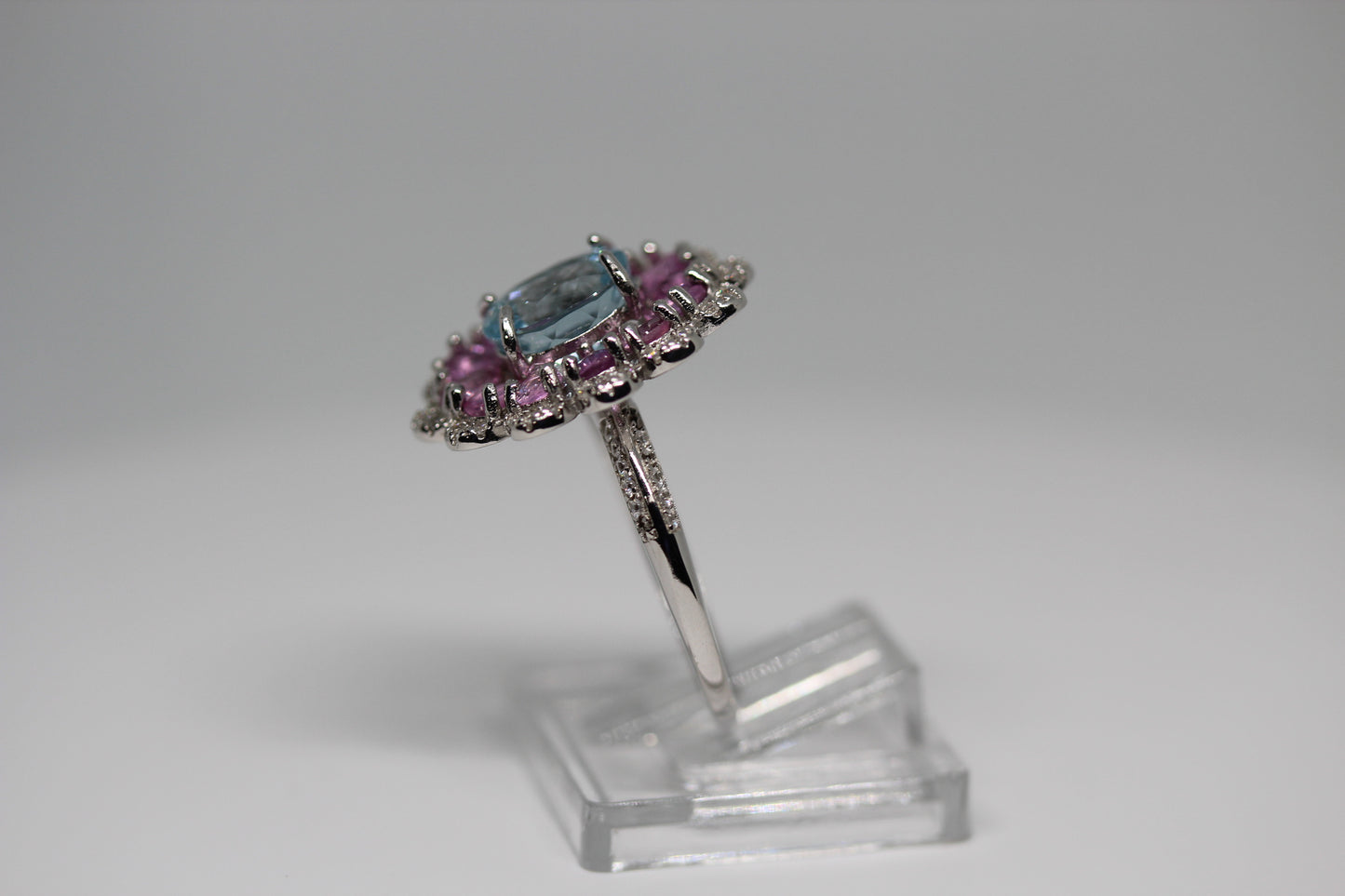 Aquamarine & Pink Sapphire Halo Ring in 925 Sterling Silver