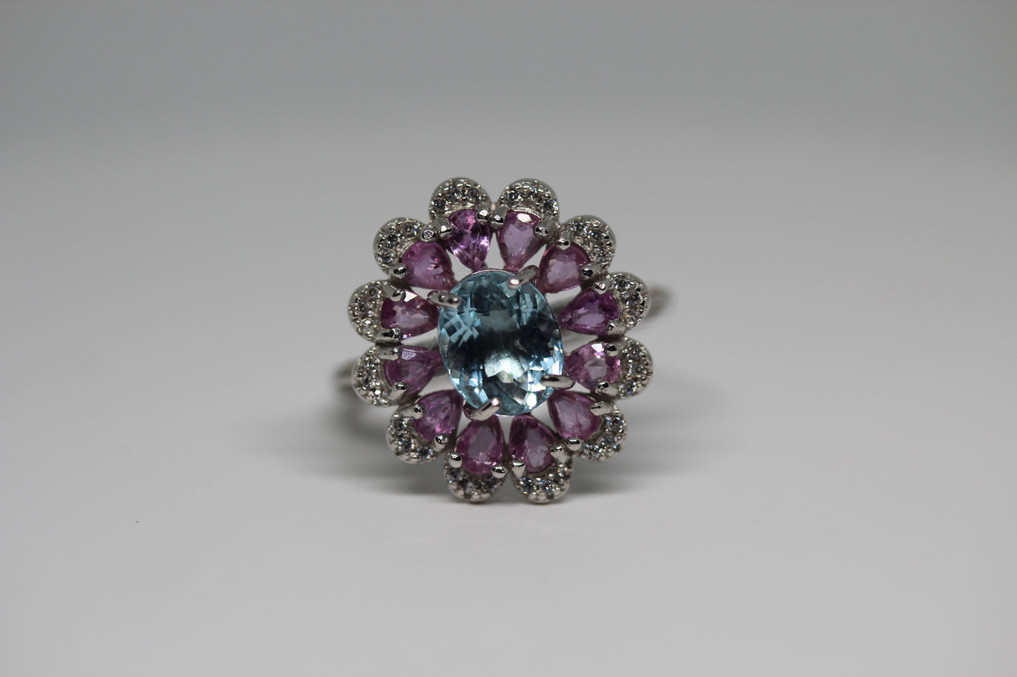 Aquamarine & Pink Sapphire Halo Ring in 925 Sterling Silver