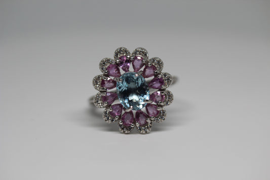 Aquamarine & Pink Sapphire Halo Ring in 925 Sterling Silver
