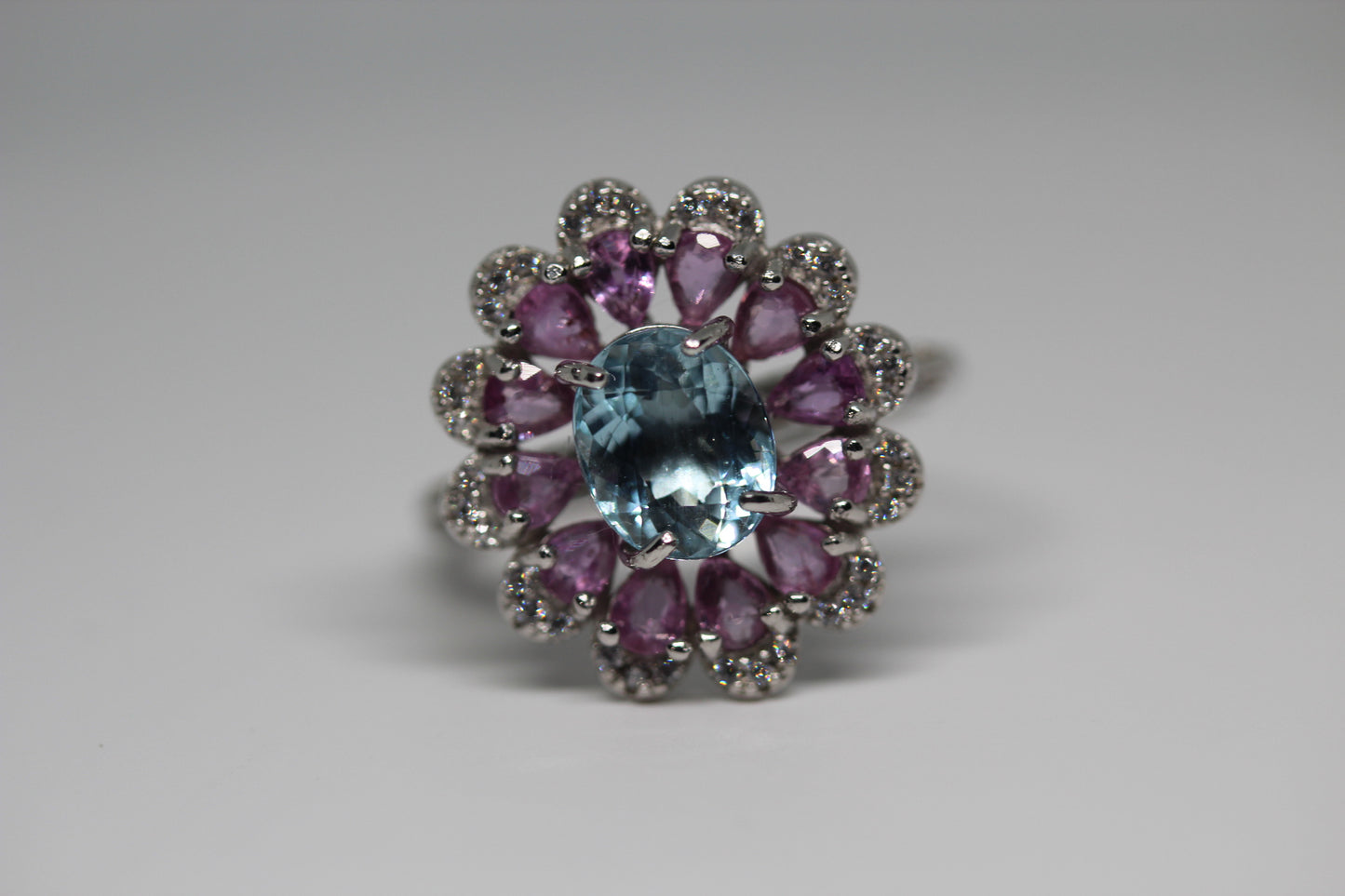 Aquamarine & Pink Sapphire Halo Ring in 925 Sterling Silver