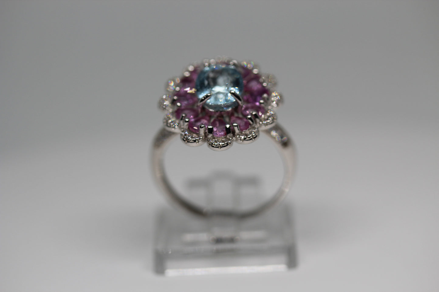 Aquamarine & Pink Sapphire Halo Ring in 925 Sterling Silver