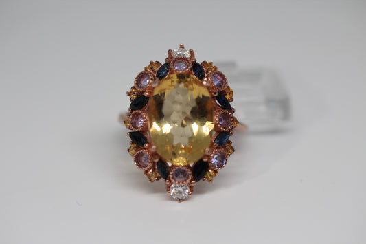 Citrine Ring with Tanzanite & Blue Sapphire Accents in 925 Sterling Silver (Rose Gold Plated)
