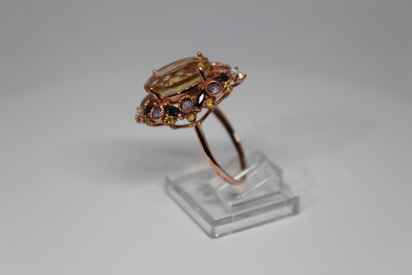 Citrine Ring with Tanzanite & Blue Sapphire Accents in 925 Sterling Silver (Rose Gold Plated)